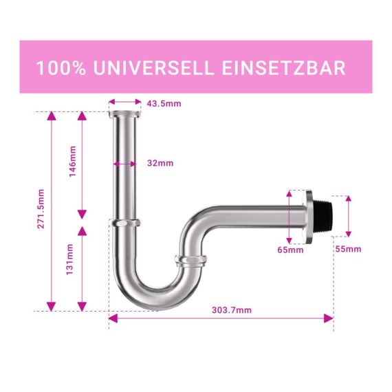 Universal Edelstahl-Siphon für Waschbecken mit langem Tauchrohr - Genormtes 1 1/4 Zoll Abflussrohr rostfrei inklusive Gummimanschette