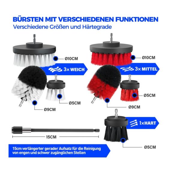 8-teiliges Akkuschrauber Bürstenaufsatz-Set für Auto Felgen Polster & mehr - Weiche und harte Bohrbürsten für Fliesen Badewannen - Drill Brush Kit