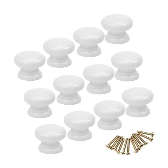 12er Set Weißer Porzellan Möbelknöpfe Ø 33mm mit Schrauben - Universelle Runde Schubladen- & Türgriffe für Schränke Kommoden Spinde & Schuhregale