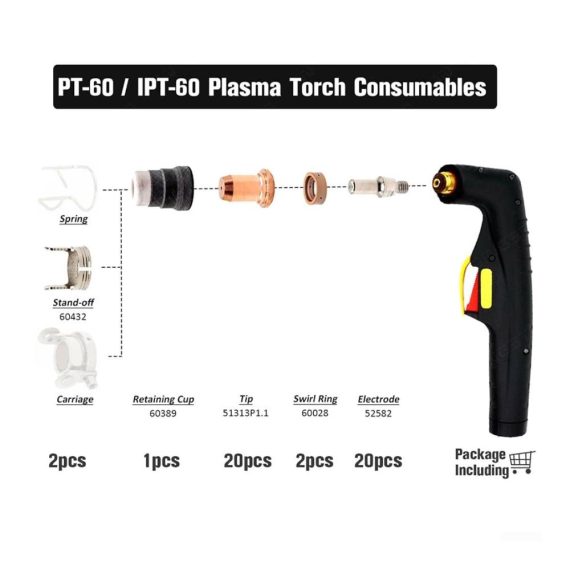 Plasmaschneider 45-teiliges Verbrauchsmaterial Kit - Elektroden und Spitzen 11 mm für PT 60 IPT 60 Fackel - Zuverlässige Qualität mit strenger Qualitätskontrolle