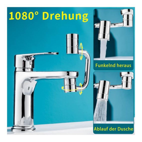 Doppelfunktions Wasserhahnstrahlregler - 1080° Schwenkbarer Küchen- und Badarmatur mit Verlängerungsfunktion aus Massivem Messing