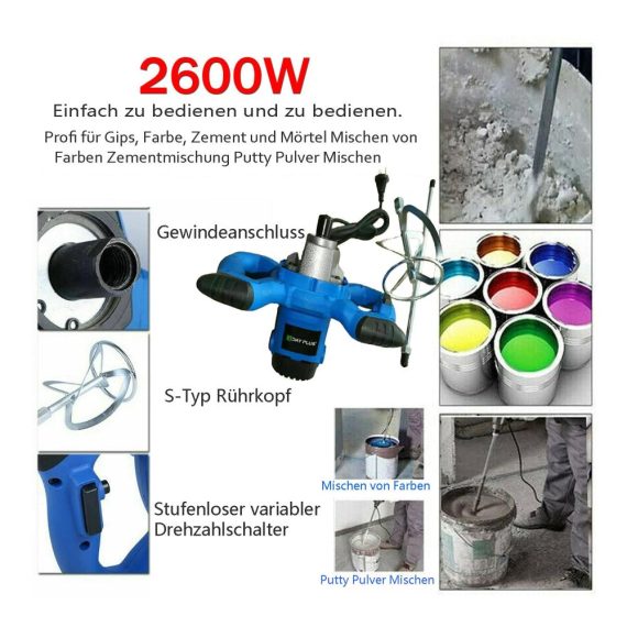 2600W Farb-Mörtelrührer mit 6-Gang-Getriebe und Ø120mm Rührquirl - Profi Rührwerk für Beton Zement und Mörtel Drehzahlregulierung M14-Gewinde - Handrührwerk für effizientes Zementmischen