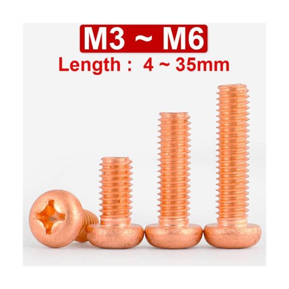Kupfer Sechskantschrauben T2 GB818 - Phillips-Kreuzschlitz Flachkopf - Maschinenzahnschraube M3-M6 (10 Stück