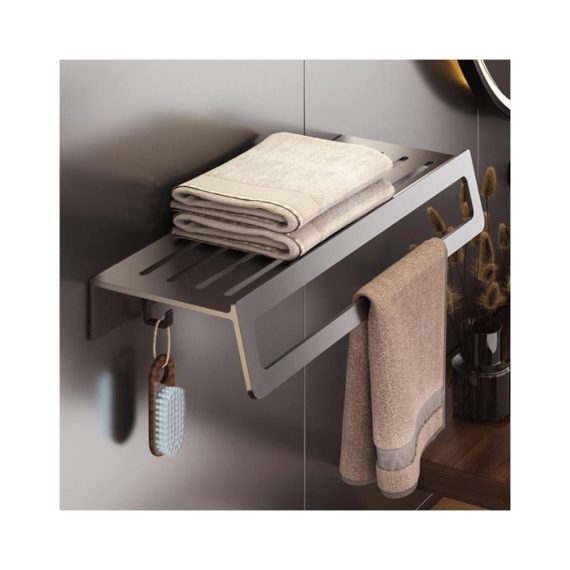 Aluminium Badezimmerregal 60cm – Wandmontiertes Schweberegal mit Handtuchhalter und Haken für Bad Schlafzimmer Wohnzimmer Küche & Büro