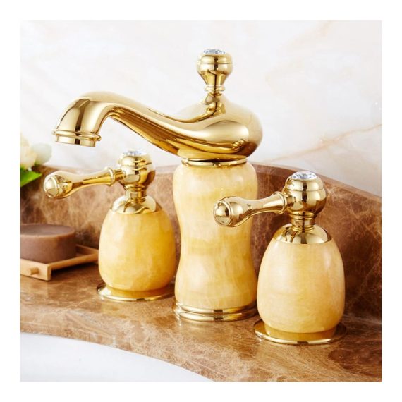 Automatischer Messing-Waschtischarmatur mit Sensor Goldtopas Drehversion - Kalt- und Warmwasser Dreiloch-Wasserhahn für antikes Waschbecken