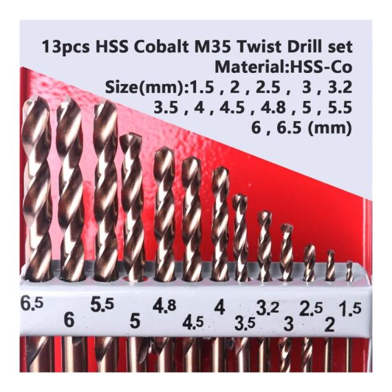 13-teiliges M35-Kobalt Bohrer-Set | HSS-Co Spiralbohrer für Edelstahl Kupfer Gusseisen | Jobber-Länge mit Metallgehäuse | Ideal für verzinkte Rohre