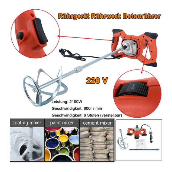 Mörtelrührer 2100W | Handrührgerät mit 6 Stufen | Betonrührer für Mörtel und Gips | 220V Rührwerk mit Wendelrührer | Rührer Paddel inklusive | Mischer für Baustelle und Heimwerker | Leistungsstarker Rührer 800r/min