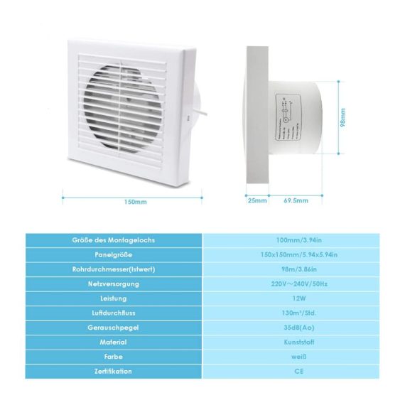 Badlüfter Duisrech 100mm Abluftventilator - Leiser Wandventilator mit Ruckstauklappe für Badezimmer Küche Bad Loftfenster und Keller - Effiziente Belüftung in Weiß
