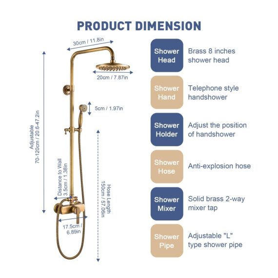 Antike Messing Duscharmatur Set Solepearl Duschsystem in Gold mit Regendusche Retro Duschset Höhenverstellbar 70~120cm inklusive 8 Handbrause Köpfen