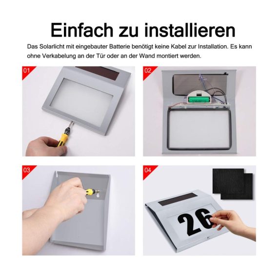 LED Solarhausnummer aus Edelstahl - Moderne Beleuchtete Hausnummer mit 2 LEDs - Solar Hausnummernleuchte Wandleuchte - Silber