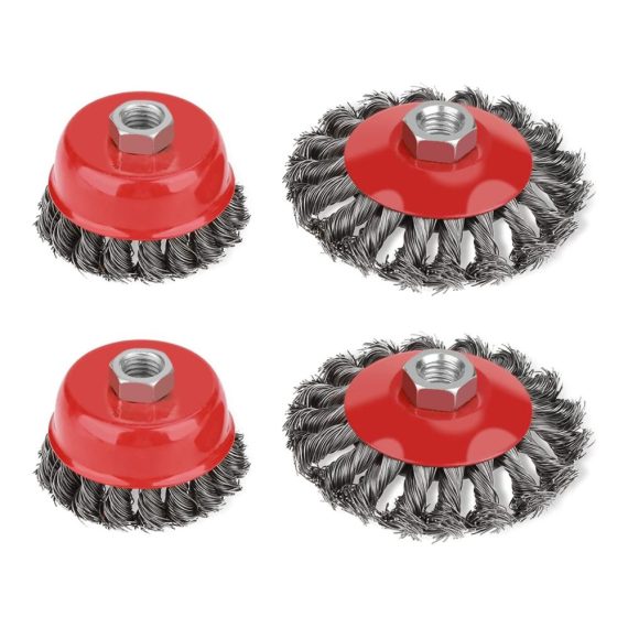 Set mit 4 Drahtbürsten für Winkelschleifer - Kegelbürste Topfbürste gezopfte Schleifbürste für präzises Schleifen von Lacken und Randmischung - Durchmesser 75mm und 100mm