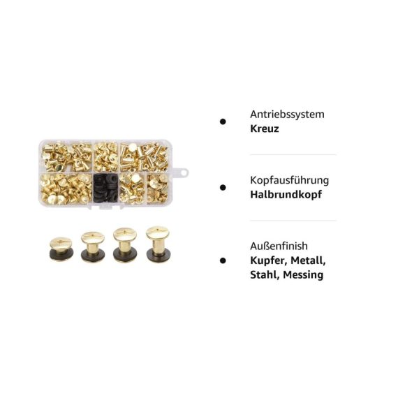Set aus 120 Messing Chicago Schrauben - Verbindungsschrauben für Lederhandwerk Gürtel Brieftaschen und Buchbinderei - 4 Größen Nagelnieten Schraubenpfosten mit Chicago Knöpfen für metallische Dekoration