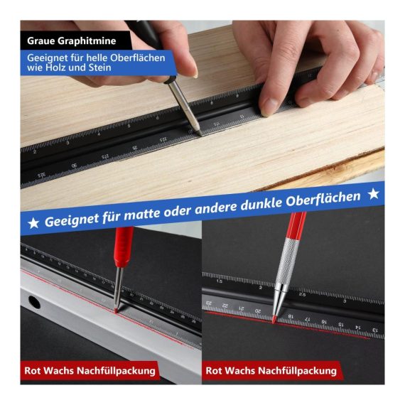 Holzbearbeitungsset Präzise Reißnadel Tischlerbleistift mit Körnerschlag und Tieflochmarker - Zimmermannsstifte inklusive Hartmetall-Scribe-Werkzeug und Eingebautem Spitzer (40 Minen Rot/Grau) für Baustelle und Handwerksprojekte