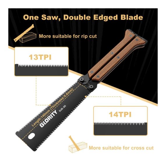 Japanische Klappsäge GLORITY 140mm - Präzise Handsäge für Holzbearbeitung & Heimwerkerprojekte Doppelkanten mit 13/14 TPI SK5 Karbonstahl Dreiseitiges Schleifzahndesign