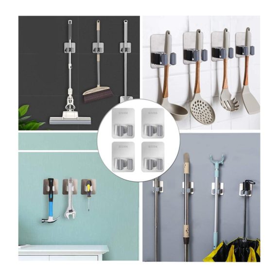 MaoXinTek Mop Halter Edelstahl - Wandhalterung für Besen und Geräte - Set mit 4 Haltern - Selbstklebend für Zuhause Küche Bad Garage und Garten