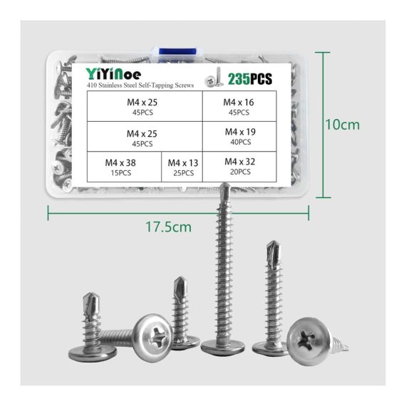 Blechschrauben-Set 235 Stück M4.2 Selbstschneidende Bohrschrauben mit großem gewölbtem Kopf aus Edelstahl – Selbstbohrend Selbstschneidend mit praktischer Box – Größen M4 * 38mm/32mm/25mm/19mm/16mm/13mm