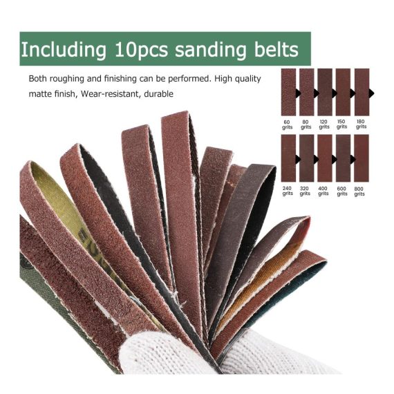Huanyu Handbandschleifer Leichter Mini-Bandschleifer mit 7-stufig einstellbarer Elektroschleifmaschine inklusive 10 Schleifbändern für Holz Metall Acryl und Finish. Ideal für präzises Schleifen auf verschiedenen Substraten