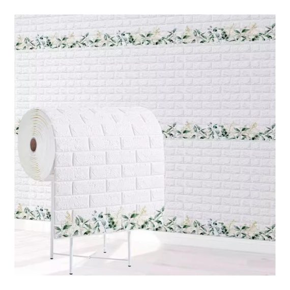3D-Backstein-Wandpaneele Weiße Schaumstoff-Tapete mit Grünem Blatt-Druck-Design - Wanddekoration für Wohnzimmer und Schlafzimmer (10m