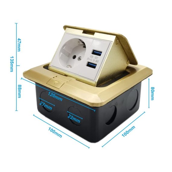 2-Fach Versenkbare Steckdose mit USB Hafen Gold - Ideal für Boden Tisch und Arbeitsplatten in Restaurantküchen