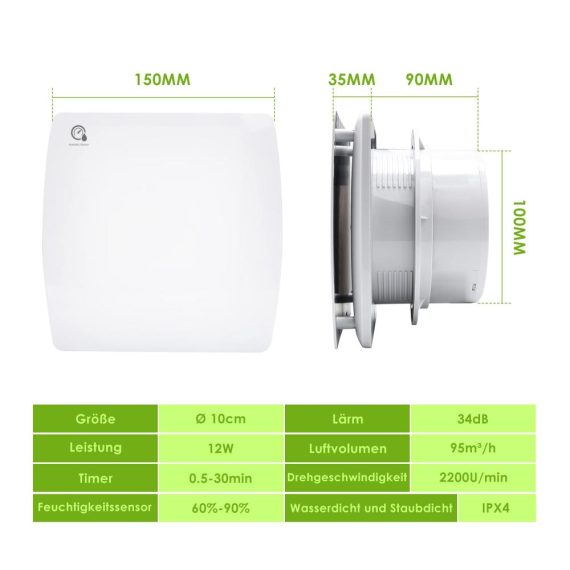 Leiser Feuchtigkeitssensor Badlüfter mit Timer und Rückstauklappe - Perfekt für Wohnraum Badezimmer und Küche (100mm weiß