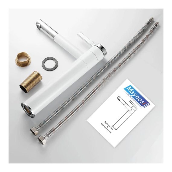 360° Drehbarer Hoch-Waschtischarmatur mit Einhebelmischer Touch-On-Funktion 50cm Flexible Schläuche Moderne Einfachheit - Weißes Messing-Wasserhahn fürs Bad