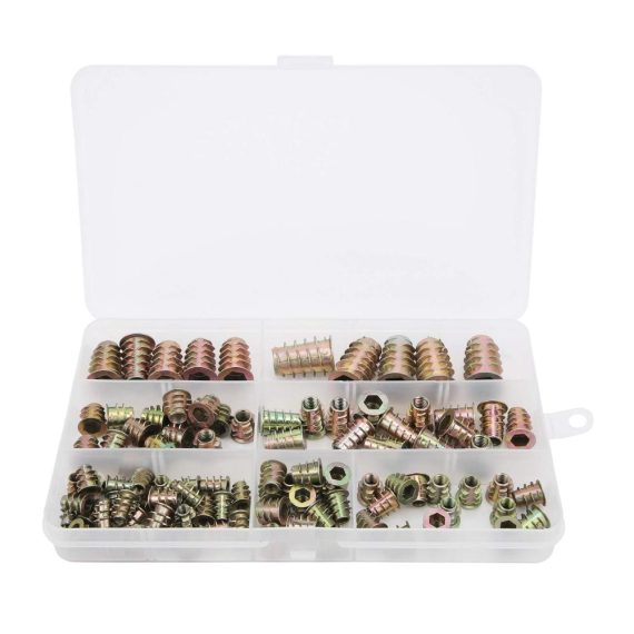 100 Stück Gewindeeinsätze für Holz | M4-M10 | Sechskant Laufwerk | Möbel-Schraubeneinsätze 10-25mm | Befestigungsmuttern-Set