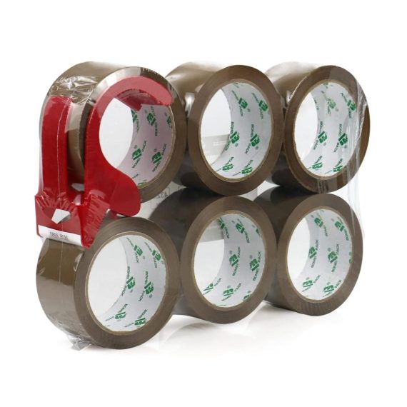Paketbänder BOMEI PACK - Hochwertiges Paketklebeband Braun mit Gratis Plastik Abroller - 6 Rollen Packband 48mm 66m - Zuverlässiges Verpackungsmaterial für sicheres Verschließen und Versenden