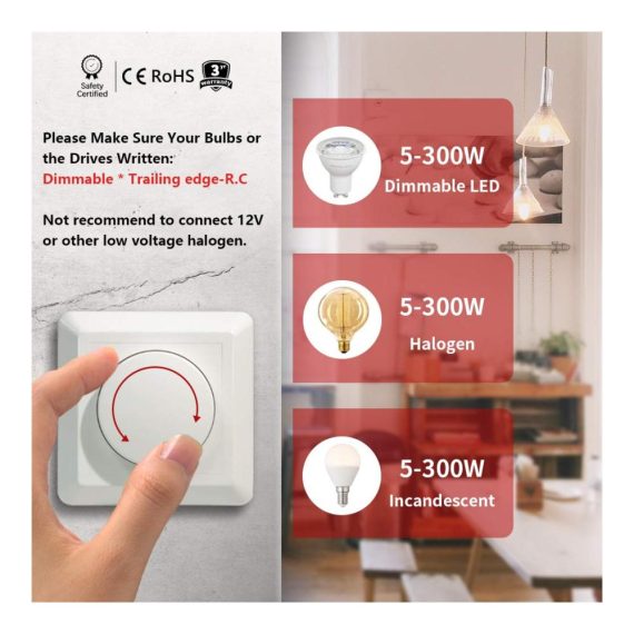Dimmschalter iolloi LED Dimmer Unterputz - Drehdimmer für Dimmbare LED/Halogen 230V - Schalter mit Klemmkrallen & Abdeckung - Dimmer für LED Lampen 5-300W