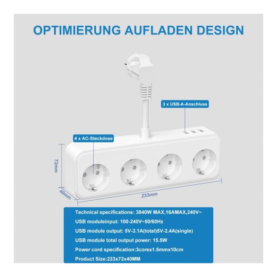 4-Fach Steckdosenleiste mit USB-Anschlüssen (5V/3.1A) - Weiß Mehrfachsteckdose für Schlafzimmer Reise und Büro Verlängerungskabel Steckdosenadapter 7 in 1