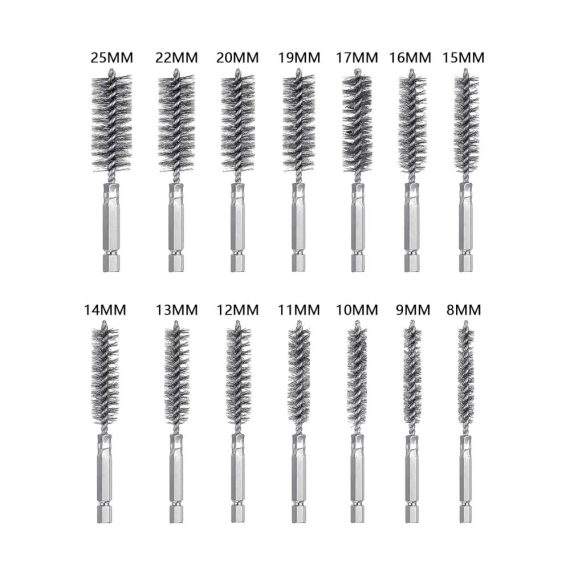 14-teiliges Set Edelstahl-Drahtbürsten für Bohrmaschinen - Verschiedene Größen für Zylinder- Bohrloch- Ofenrohr- und Kesselreinigung. Ideal zum Polieren und Schleifen