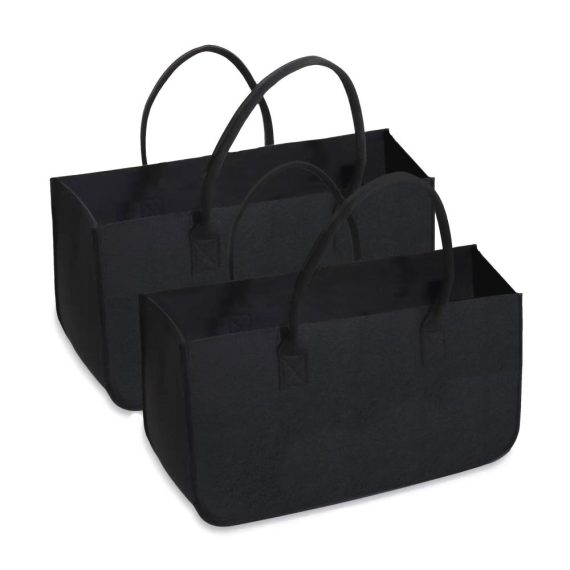 2er Set Große Filztaschen für Holzkörbe und Kaminholz - Schwarz | Faltbarer Filz Shopper für Zeitungen und Einkäufe | Praktischer Kaminholzkorb in Maßen (Schwarz-2 Pcs Set