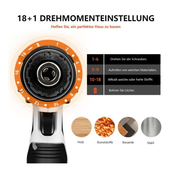 16.8V Akku- & Bohrschrauber Set 45 Nm Drehmoment 18+1 Stufen LED Schnellspannbohrfutter – Ideal für Haus Garten & DIY Projekte