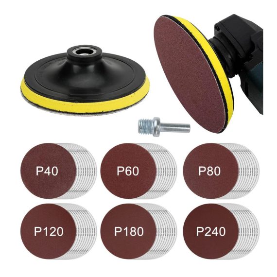 125mm Klett-Schleifscheiben Kit - 60-teilig mit M14 Schleifpad und Schaft für Winkelschleifer - Hochwertiges Schleifpapier-Set für Metall Holz Glas und Auto Polieren - Körnung 40/60/80/120/180/240
