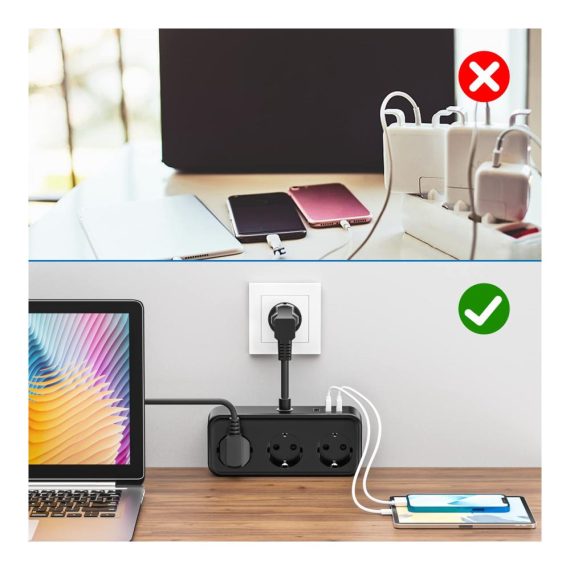 6-in-1 Steckdosenleiste mit 3-fach Steckdose und USB 5V/3.1A - Schwarz für Schlafzimmer Büro & Reisen