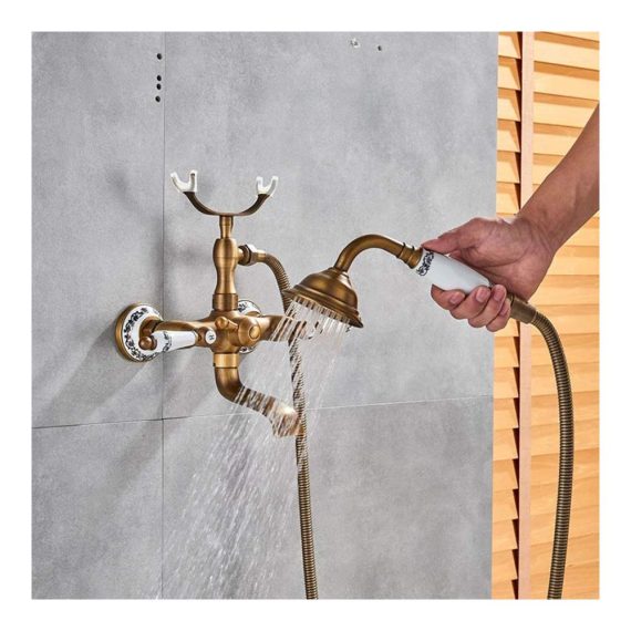 Antike Bronze Wand-Duscharmatur für Badewannen & Duschsysteme mit Handbrause Zweigriff Messing Wannenarmatur Keramikkartusche Wandhalterung - Aufputz Wannenmischer & Dusche Set