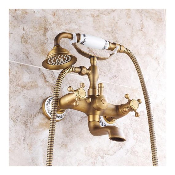 Antik Messing Wandmontage Badewannenarmatur mit Handbrause im Retro-Stil – Zwei Griffe Duscharmatur für eine stilvolle Badeerfahrung