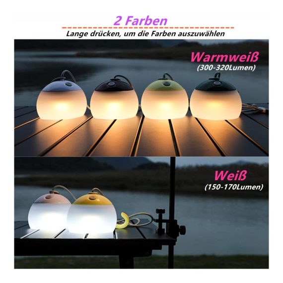 LED Campinglampe mit 320 Lumen 2 Farben 3 Lichtmodi Notstrombank (4000mAh) USB C Wasserdicht (IPX5) Wiederaufladbares Nachtlicht für Wandern Notfall Dekoration