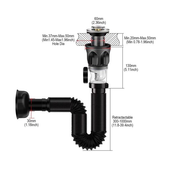 Flexibler Siphon für Waschbecken & Spülen | Geruchsdichter Ablaufschlauch mit Pop-Up-Filter | Erweiterbar auf 300-1000mm