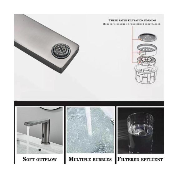 Smart Sensor Wasserfall-Wasserhahn in Gun Grey für Badezimmer - Automatischer Touch-Wasserhahn Becken-Deckmontage Heiß-Kaltwasser-Mischbatterie ideal zum Töpfefüllen (1 UK Gun Grey Short