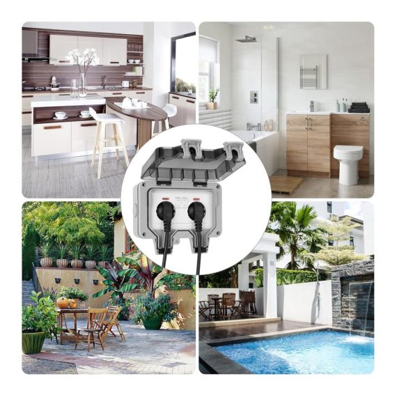 2-fach Außensteckdose mit IP66 Wasserschutz Klappdeckel und Kabelverbinder - Ideal für Küche Bad Garage Schwimmbad und Garten - Staubdicht und Outdoor Steckdose
