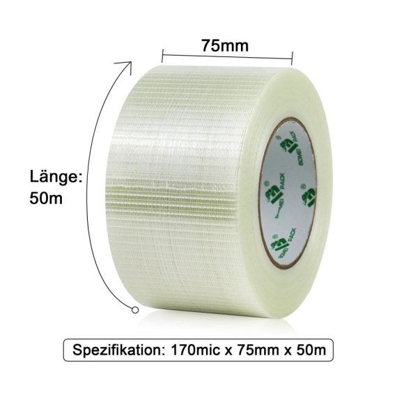 Filamentband BOMEI PACK - 75mm x 50m Transparentes Glasfaser-Packband | Fadenverstärktes Filament-Umreifungsband für sicheres Verpacken