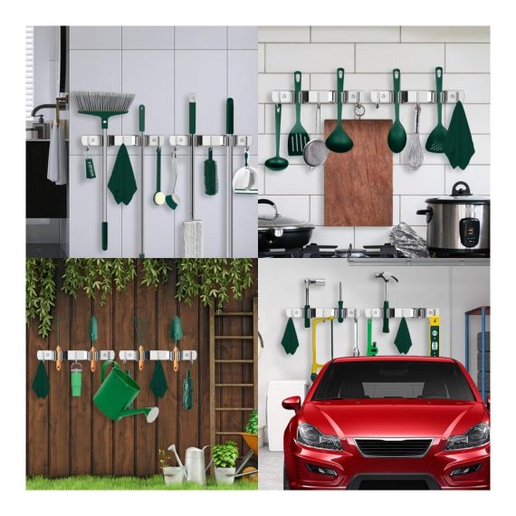 2 Stück Selbstklebende Edelstahl Besenhalterung - Wandhalterung mit Halterungen und Haken für Besen Mops Werkzeuge und Gartengeräte - Ideal für Badezimmer Küche und Zuhause