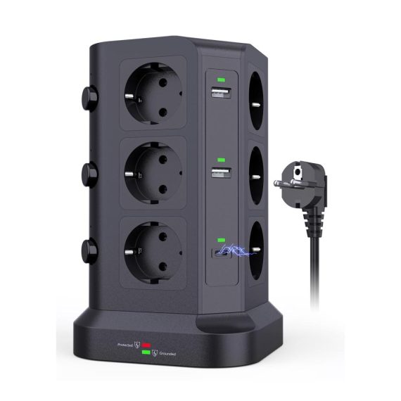 12-fach Steckdosenleiste mit Überspannungsschutz und 20W USB-C Ports - PD3.0 Unterstützung - 4 USB-A - 3680W/16A - Ideal für Zuhause & Büro