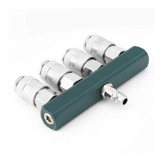 Druckluftverteiler 1/4 Zoll 4fach mit Wandanschluss und Schnellkupplungen - Hochwertiges Messing Anschluss- & Verbindungsstücke Set für effiziente Druckluftverteilung