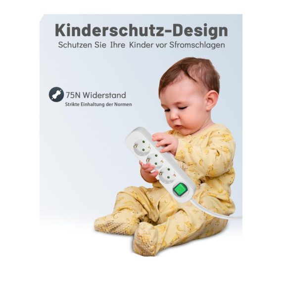 3-fach Steckdosenleiste mit Schalter und 3M Verlängerungskabel - Wandmontage Hitzebeständig Kindersicherung Kurzschlussschutz (weiß