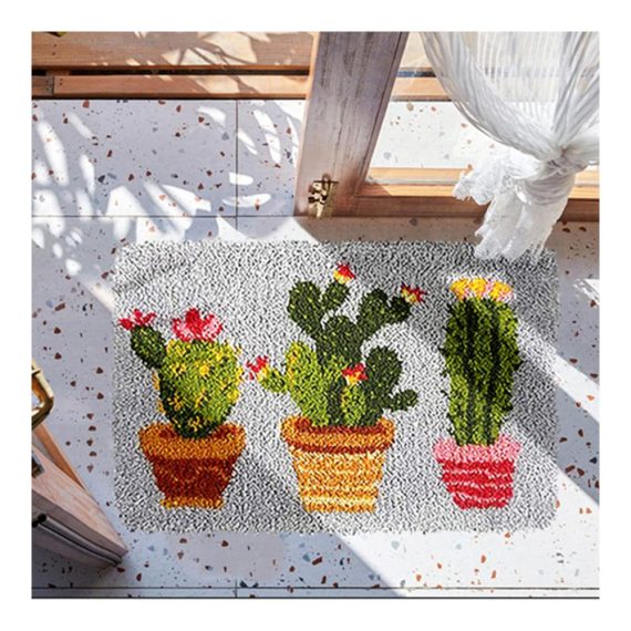 DIY Cactus Latch Hook Rug Kit for Needlework & Embroidery - JeeKoudy Carpet Tapestry with Button Pack