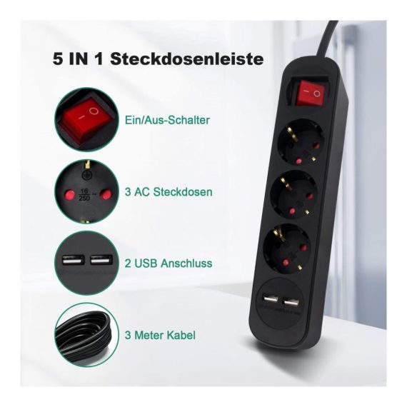 3-fach Steckdosenleiste USB 3680W 2 USB-Anschlüsse 5V/2.4A Schalter Kindersicherung 3m Kabel - RealMade Schwarz Steckerleiste für Smartphones