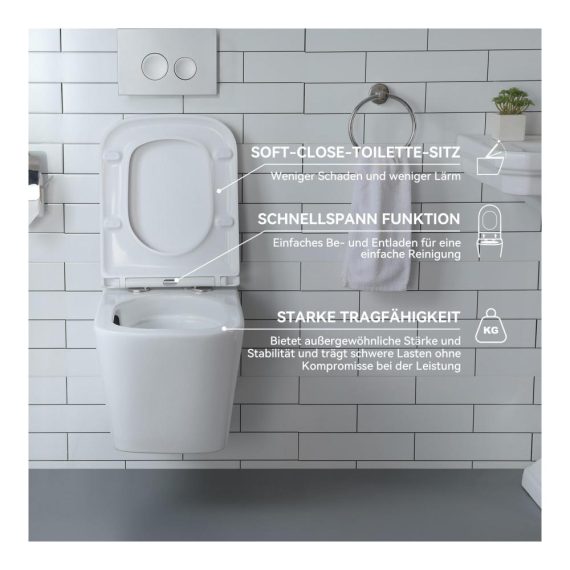 Moderne wandhängende Toilette aus weißer Keramik - Quadratisches Design mit WC-Sitz Siphon und sanfter Schließung - Leicht zu reinigen für Gästezimmer und Bad
