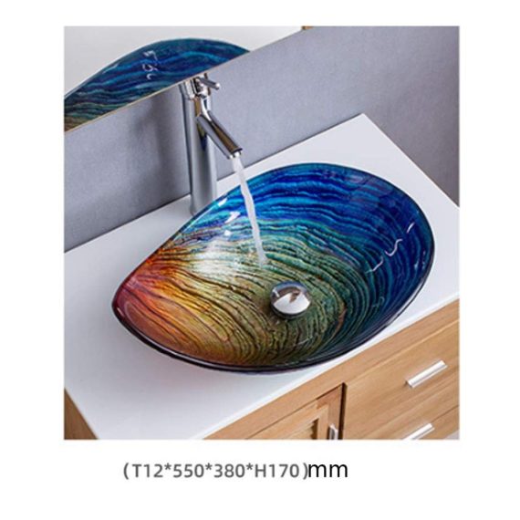 Regenbogenfarbenes Wassertropfen-Glaswaschbecken | Aufsatzwaschbecken für Bad mit Pop-Up-Ablaufgarnitur | Arbeitsplattenmontage Single Sink