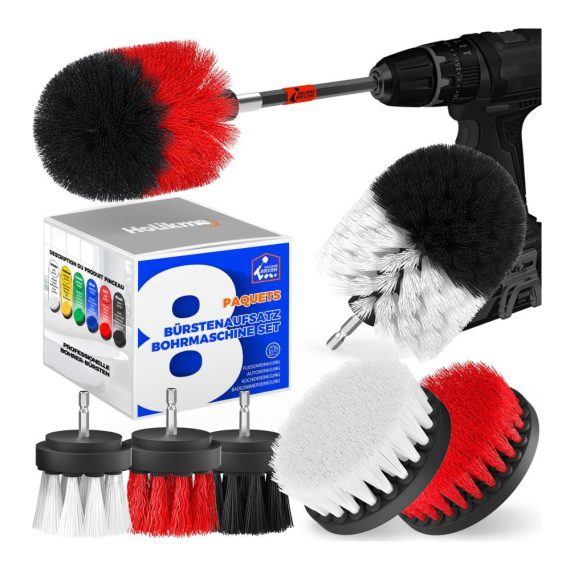 8-teiliges Akkuschrauber Bürstenaufsatz-Set für Auto Felgen Polster & mehr - Weiche und harte Bohrbürsten für Fliesen Badewannen - Drill Brush Kit